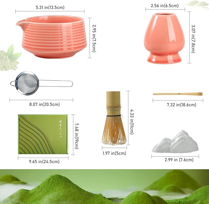 Matcha Whisk Set, Ceramic Matcha Bowl with Spout, Bamboo Whisk, Scoop, Sifter, Holder, Tea Towel, 7-Piece Matcha Kit for Making Breakfast/Latte, Square Pink, Large
