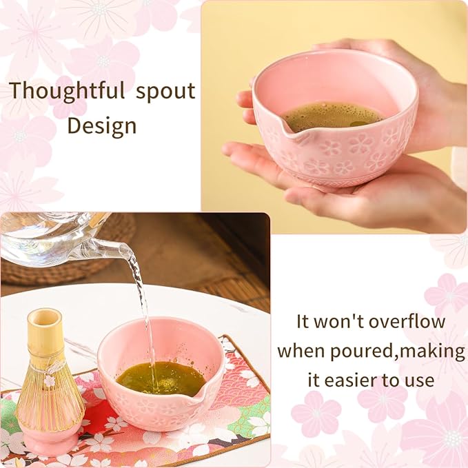 8-Piece Matcha Ceremony Set - Tea Kit with Cherry Blossom Bowl, Bamboo Whisk, Wood Scoops, Tea Cloth & Floral Display - Gift-Ready Pink Cherry color box (pink)