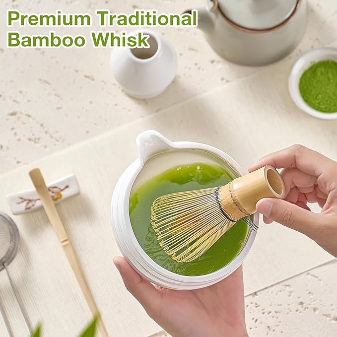 Matcha Whisk Set, Japanese Tea Set (5pcs) includes Matcha Bowl with Spout (19 oz), Bamboo Whisk and Matcha Scoop, Whisk Holder, Stainless Steel Sifter, Tea Making Tools, Matcha Kit
