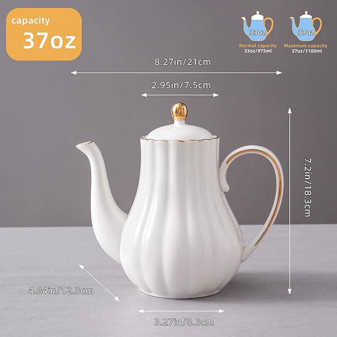 Tea Pot, Porcelain Teapot 37oz，tea pots for tea party，Tea Infuser Pots for Blooming loose Leaf Tea(White)