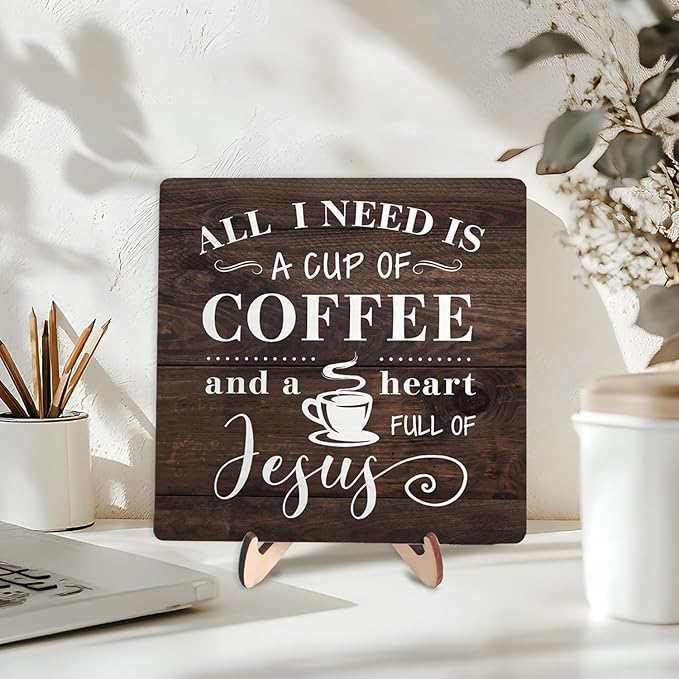 Coffee Bar Sign Plaque Decor-A Heart Full of Jesus,Cafe Bar Accessories,Christian Rustic Wooden Tabletop Plaque with Stand, Faith Scripture Mini Counter Sign for Kitchen Coffee Station Office 5.9x5.9