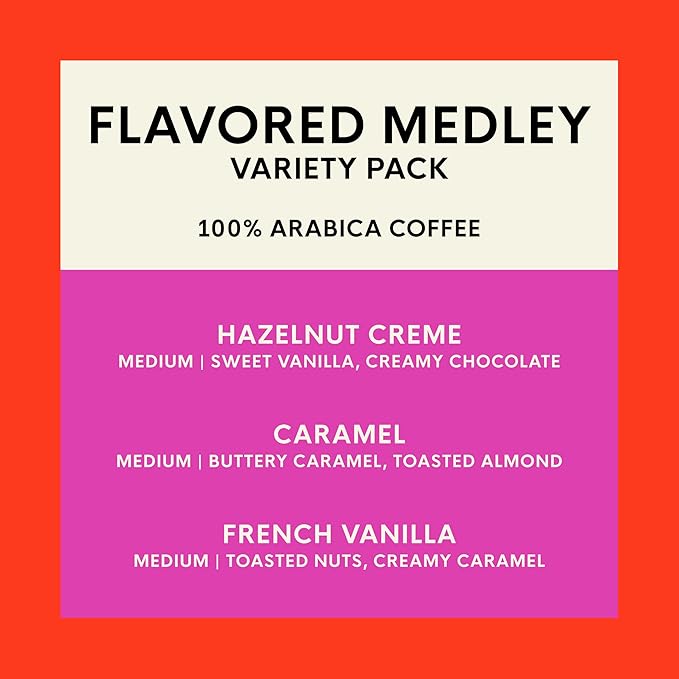 San Francisco Bay Coffee - Flavored Variety Pack (40 ct) - Hazelnut Crème, Caramel, & French Vanilla - Single Serve Coffee Pods, Commercially Compostable, K Cup Compatible