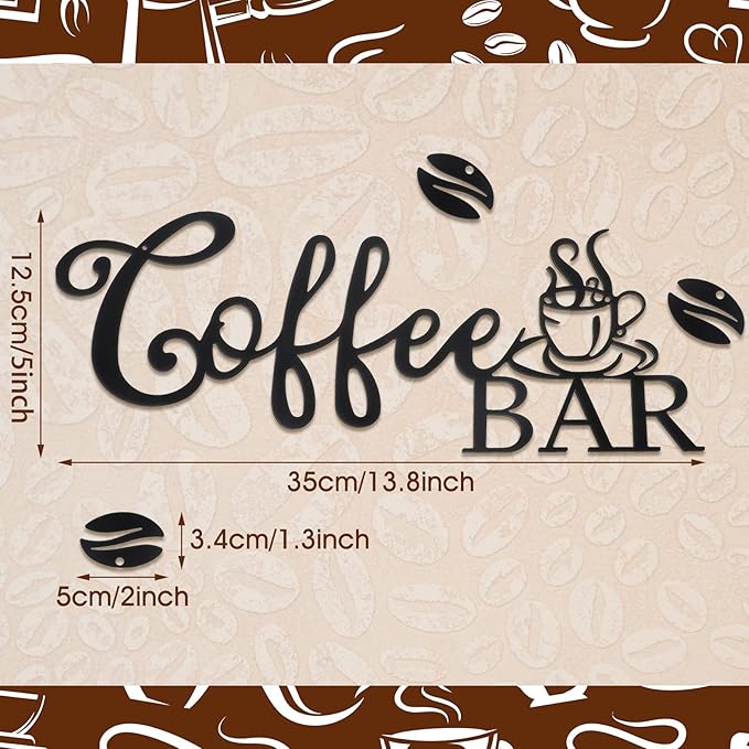 Coffee Bar Sign - Rustic Metal Hanging Decor for Home Office Kitchen (Coffee Bar and Bean Style)