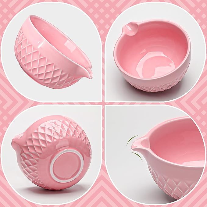 Doasuwish Matcha Whisk Set, 7 Pcs Ceramic Kit, Includes Matcha Bowl with Spout, Matcha Whisk and Holder, Bamboo Scoop, Scoop Rest, Sifter and Tea Towel (Cherry Blossom Pink)