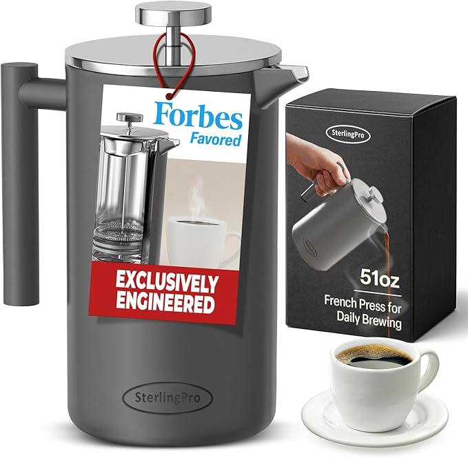 Stainless Steel French Press Coffee Maker 1.5 L (51 oz) Grey – Double Walled Insulated Large Coffee Press, Durable Design Keeps Drinks Hot, Easy to Use and Clean for Rich Flavor Brewing