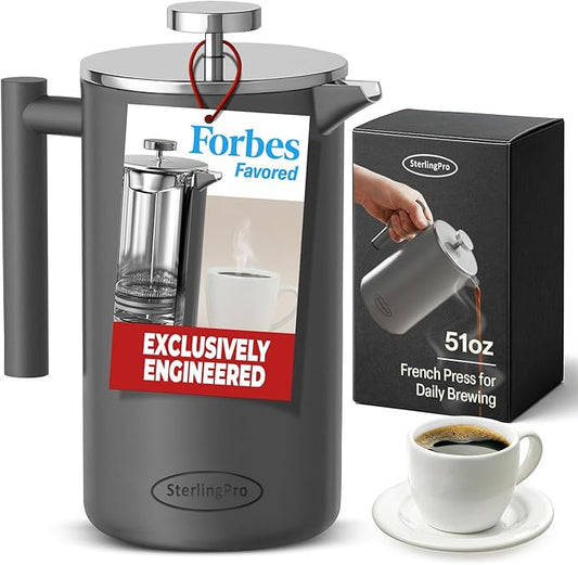 Stainless Steel French Press Coffee Maker 1.5 L (51 oz) Grey – Double Walled Insulated Large Coffee Press, Durable Design Keeps Drinks Hot, Easy to Use and Clean for Rich Flavor Brewing