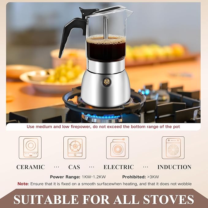 Stovetop Espresso Moka Pot, Crystal Glass-Top & Stainless Steel Italian Coffee maker, 300ml(6cup) (silver)