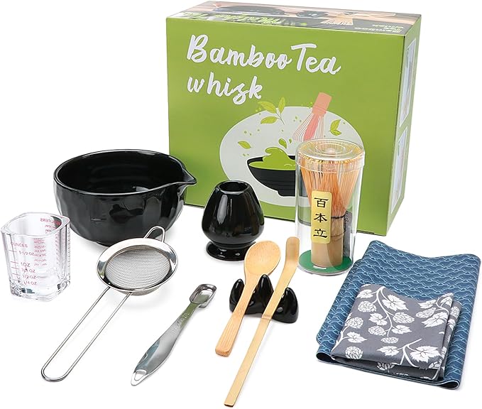 11 PCS Matcha Set Whisk and Bowl, Black Matcha Kit Set with Scoop & Holder,Ceramic Japanese matcha Tea set, Complete Gift set,Making Breakfast,Latte for Friend,Family,Tea Lovers