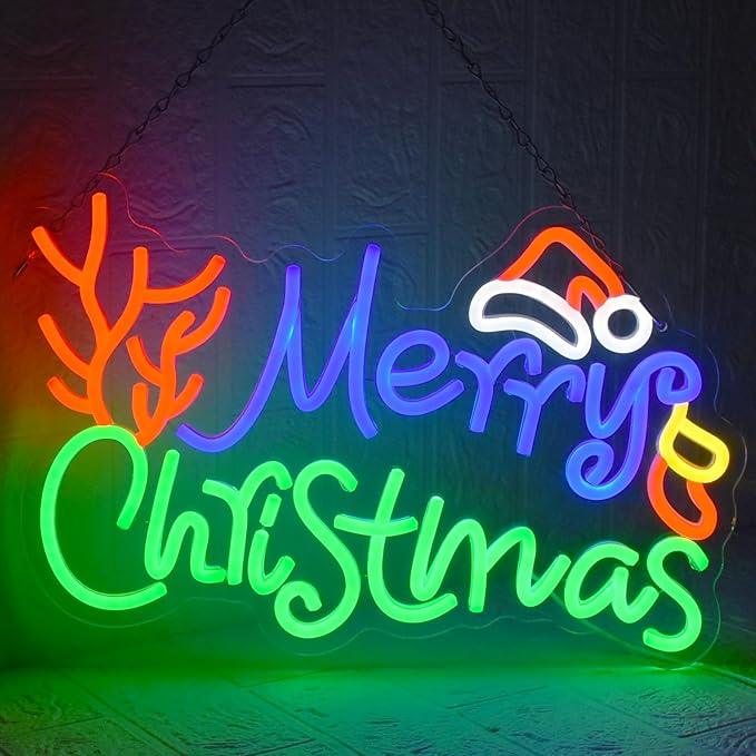 Merry Christmas Neon Sign Dimmable LED Merry Christmas Light Sign for Wall Decor, USB Powered LED Colorful Sign with Hat for Bedroom Living Room Kids Room Decoration