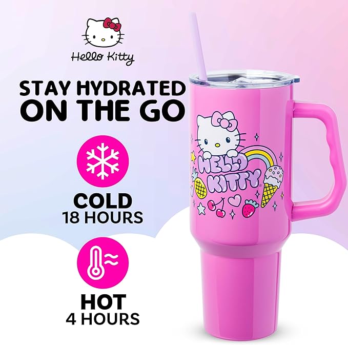 Silver Buffalo Sanrio Hello Kitty Summer Double Walled Stainless Steel Tumbler with Handle, Fits in Standard Cup Holder, 40 Ounces