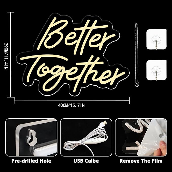 Better Together Neon Sign, Wedding Neon Sign, LED Neon Light for Wall Decor, Warm White Led Neon Light USB Dimmable Letters Neon Signs for Wedding, Engagement Party