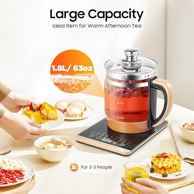 1.8L 800W Electric Glass Kettle, Temperature Control Electric Kettle with Steamed Eggs Holder, 18 Smart Menu Health Pot Reservation & Timing Tea Infuser for Tea