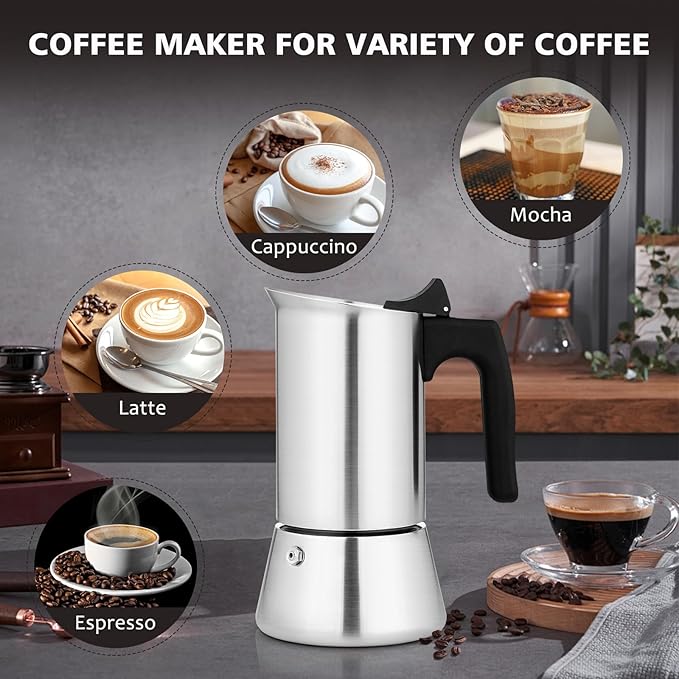 Stovetop Espresso Maker Stainless Steel Moka Pot, 9 cup Espresso Coffee Pots 450ml/15oz(Espresso Cup=50ml)/1.7oz, Italian Coffee Maker for Induction Cookers Hobs, Cafe Maker for Camping Home