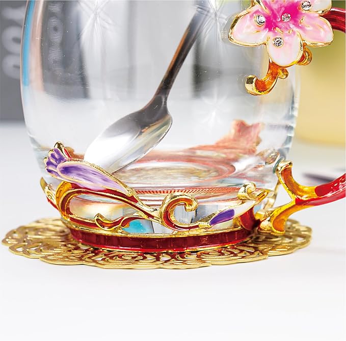 Flower Tea Cup ,Lily flower Clear Glass Fancy Coffee Mug with Spoon,Gift Box for Her Mom Wife Grandma Girls Friends Valentines Christmas Birthday Present Idea for Juice,Hot And Cold Drinks Use