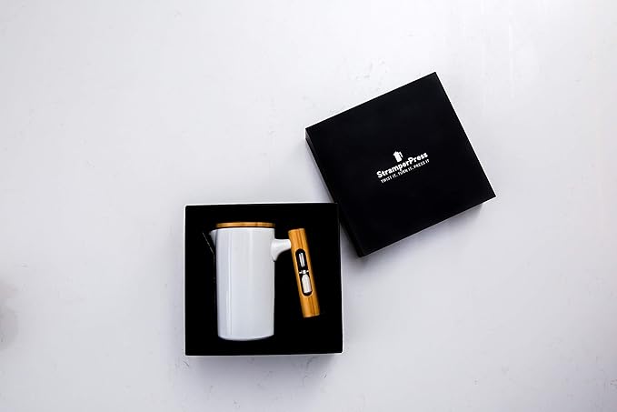 StramperPress| French Press coffee maker | HourGlass Timer| Coffee Press| (White, Ceramic)