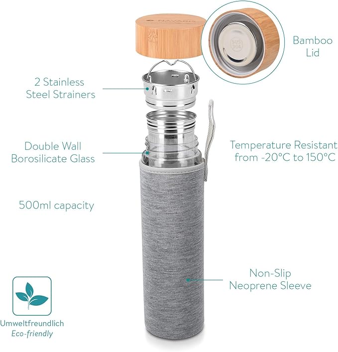 Navaris Glass Water Bottle with Tea Infuser - Double Walled Borosilicate Glass Travel Tumbler with Bamboo Lid and Non Slip Gray Neoprene Sleeve - 17oz