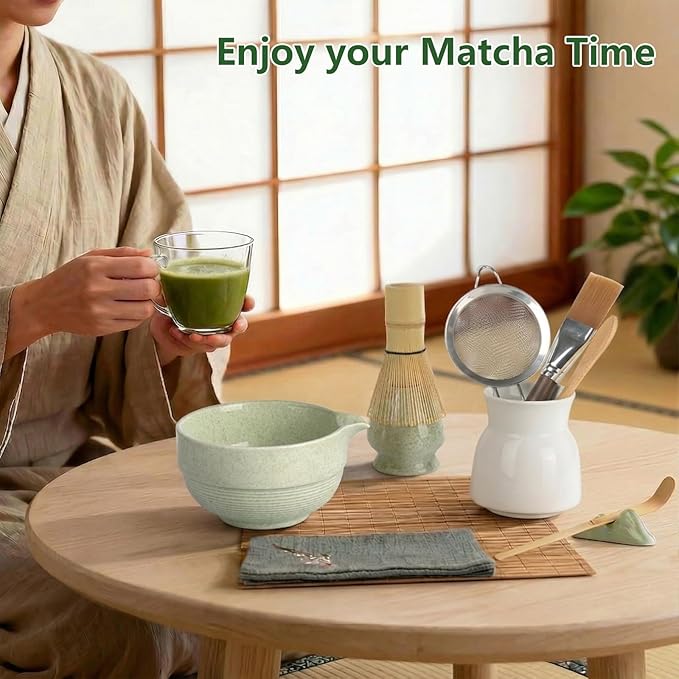 Matcha Whisk Set 11 Pcs - Japanese Matcha Kit with Bamboo Chasen, Ceramic Bowl with Spout, Scoop, Sifter, Towel - Tea Ceremony Gifts for Matcha Lovers, Christmas, Beginners, Birthday (Green)