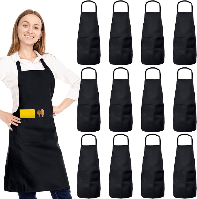 12 Pack Bib Apron, Unisex Restaurant Kitchen Aprons for Women with 2 Pockets, Chef Aprons for Cooking Men BBQ Painting Drawing Craft Plain Adults, Bulk Black by Unknown