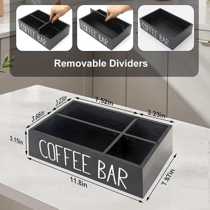 Coffee Station Organizer with Removable Dividers Disposable Cup Holder Wooden Countertop Organizer for Tea Condiment Accessories Storage Farmhouse Bar Decor Black (Black) - Image 4