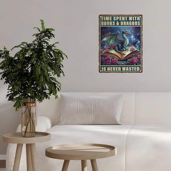 Dragons Vintage Tin Sign Time Spent With Books And Dragons Is Never Wasted Tin Sign for Garage Home Bedroom Bar Wall Decor 12 * 16inch - Image 6