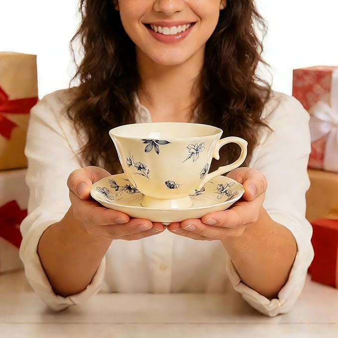 Vintage Porcelain Tea Cup and Saucer Set for 1, 8 oz Cappuccino Cup with Golden Spoon, Small Cream Blue Floral Latte Art Cup, Happy Birthday Gifts