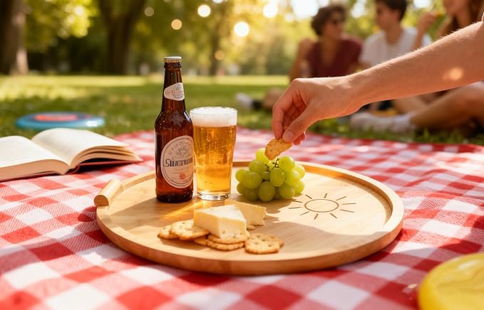 Bamboo Tray with Handle, Round Wooden Serving Tray for Bed Breakfast, Charcuterie Platters, Footstools, Coffee Tables, Outdoor Gatherings, Gifting and Home Decor Storage Tray (11.8 inch)