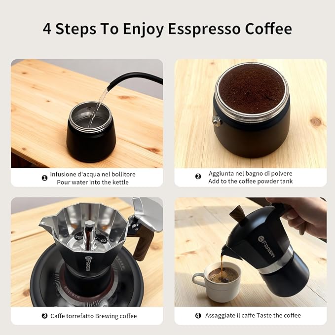 Stovetop Espresso Moka Pot Coffee Maker, Non-slip Wood Grain Handle, Cast Aluminum, Compatible with Gas, and Electric Stoves (Black, 6 cups)