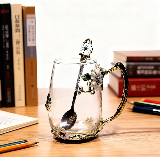 Best Gifts For Women Mom Blue Glass Coffee Tea Mug Unique Birthday Christmas Gift For Women Who Have Everything, Gift For Her Tea Cup with Spoon Sets (Blue-Tal)