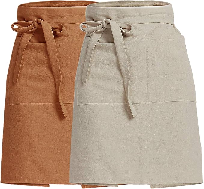 Cityelf Half Apron for Women Men Cotton Linen with 2 Large Pockets Waist Short Bistro Server Aprons Waiter Waitress Unisex by Cityelf