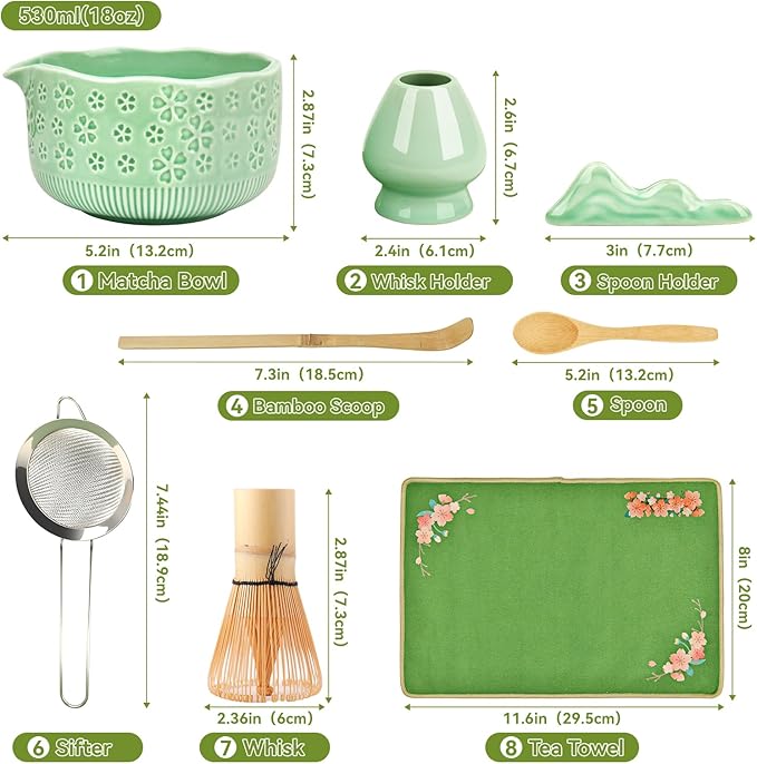 Matcha Whisk Set, 7 Pcs Matcha Making Kit with Matcha Bowl, Matcha Whisk and Holder, Bamboo Scoop, Scoop Rest, Sifter and Tea Towel，Gifts for Christmas Birthday