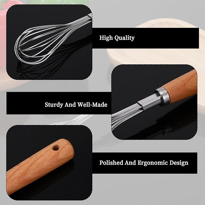 2 PCS Whisk Wooden Handle Stainless Steel, Wisking Tool Stainless, Kitchen Hand Whisk, Non Stick Balloon Whisk for Stirring, Whisking, Beating, Blending, Egg, Batter (8.07"L X 1.57"W)