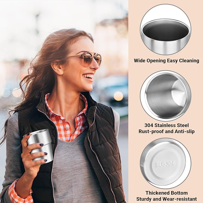 Drinking Glasses Set, 10 oz Insulated Tumbler, 8 Pack Double Wall Unbreakable Stackable Water Tumblers Vacuum Insulated Premium Stainless Steel Metal Cup for Travel Camping Home Outdoor
