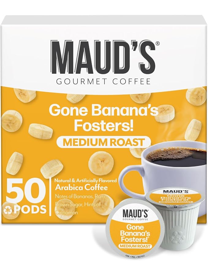 Maud's Banana Flavored Coffee Pods, 50 ct, Medium Roast Flavored Coffee in Single Serve Pods – 100% Arabica Beans, Compatible with Keurig K Cups Maker by MAUDSCOFFEETEA