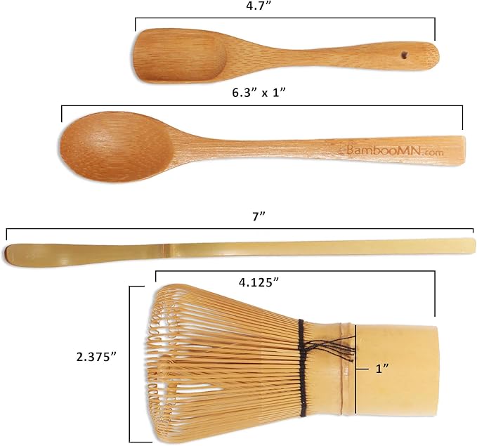 BambooMN Matcha Whisk Set - Golden Chasen (Tea Whisk), Chashaku (Hooked Bamboo Scoop), Deep Scoop, Tea Spoon - 2 Sets