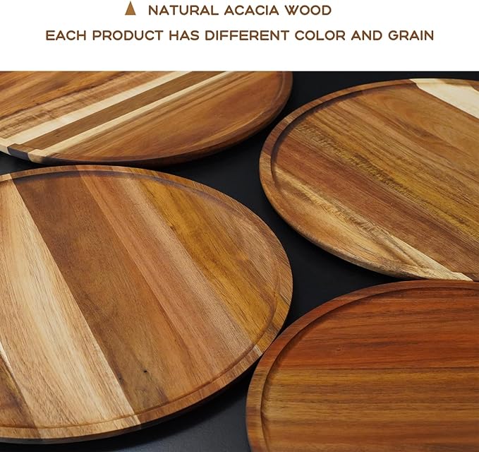 Set of 2 Round Wooden Decorative Serving Tray 11.8 Inch for Coffee Table and Home Decor, Round Wood Tray for Table Centerpiece, Small Candle Tray, Acacia, Appetizer Charcuterie Board