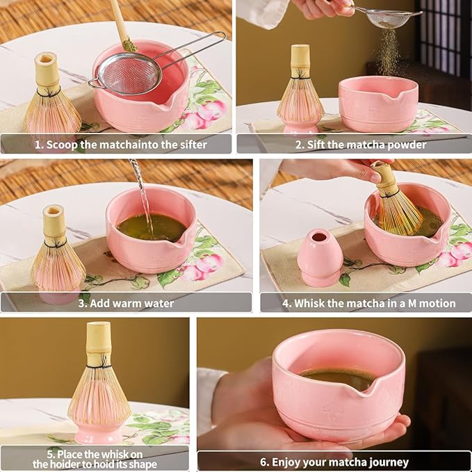 Matcha Set, 8-Piece Ceramic Matcha Bowl & Whisk Kit with Mushroom Pattern, Traditional Japanese Chawan, Bamboo Chasen, Scoop & Sifter, Gift for Tea Lovers, Zen Tea Ceremony Accessories (pink)