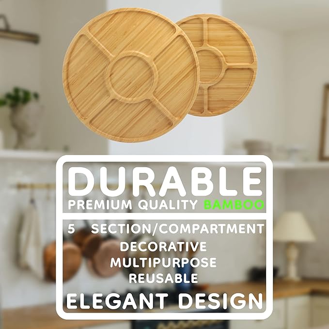 BambooMN Natural 15" Bamboo Round 5 Compartment Serving Tray/Platter, Charcuterie Board, Perfect for Snacks, Party Platter, Appetizers - 10 Trays