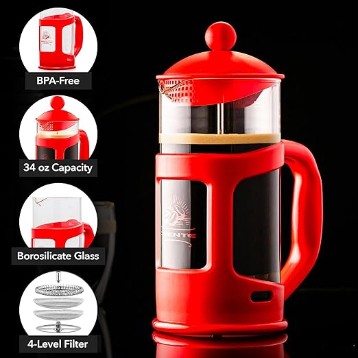 OVENTE French Press Coffee Maker 34 Ounce with Heat Resistant Borosilicate Glass & Stainless Steel 4-Level Filtration System, Portable Cold Brew Coffee Maker for Travel, Camping or Gift, Red FPT34R