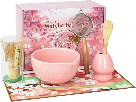 Matcha Whisk Set, Japanese Tea Ceremony Utensils (8 PCS) with Matcha Bowl with Spout (19 oz), Bamboo Whisk, Scoop, Holder, Sifter, Tea Towel – Authentic Matcha Set & Gift Box (Pink)