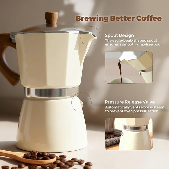 ShanSon Moka Pot Stovetop Espresso Maker 6 Cup 10 oz Italian Coffee Maker Manual Cuban Coffee Percolator Machine Italian Espresso Greca Coffee Maker for Cappuccino or Latte,White