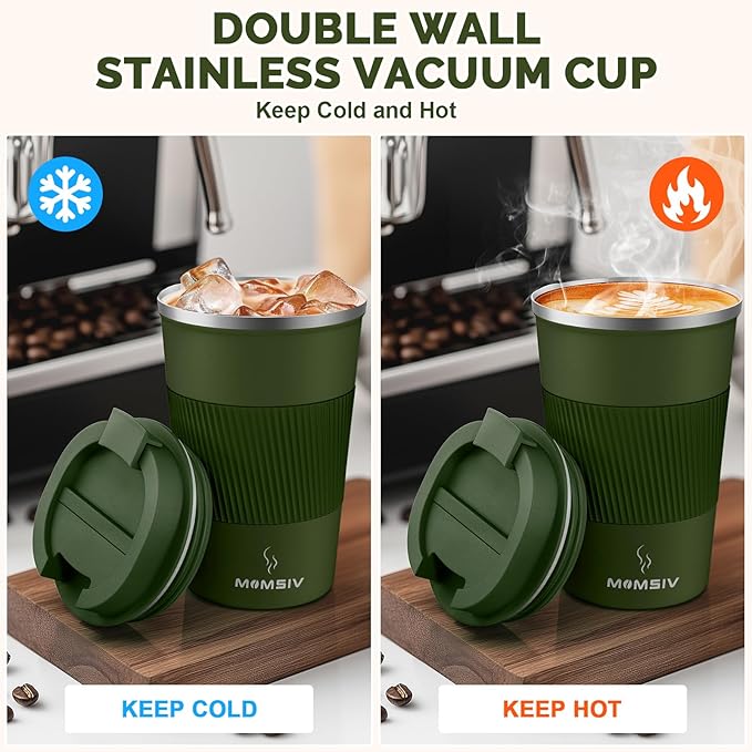 MOMSIV 12oz Travel Mug, Insulated Coffee Cup with Leakproof Lid, Vacuum Stainless Steel Double Walled Reusable Tumbler for Hot and Cold Water Coffee and Tea In Travel and Car Armygreen 380ML