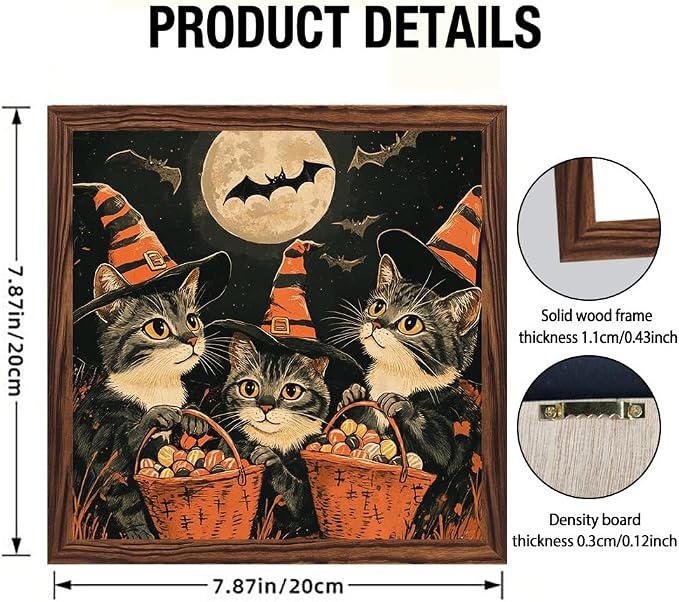 Vintage Halloween Decorative Sign Witch Cats Holding Baskets of Candy Art Wooden Sign, With Frame Festival Sign for Home Office, Cafe, Bathroom Halloween Decor 7.87x7.87 Inch - Image 4