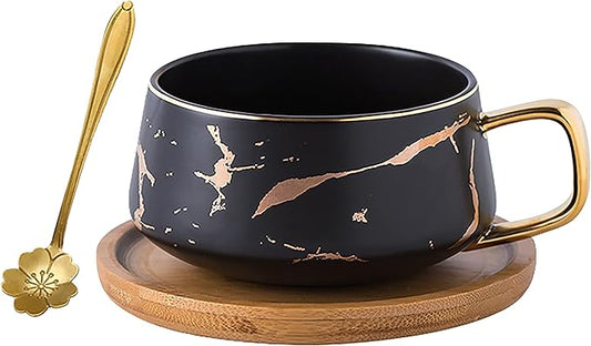 Jusalpha 10 oz Golden Hand Print Tea Cup And Saucer Set/Coffee Cup And Bamboo Saucer Set TCS19 (Black)