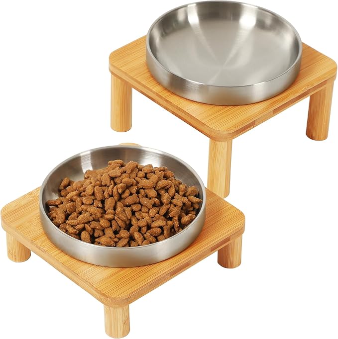 Elevated Cat Bowls for Indoor Cats – Raised Bamboo Cat Bowl Stand with 5.5 Inch Wide Stainless Steel Dishes, Pet Food Table Plate for Easy Feeding, Whisker Friendly(Silver,Set of 2)
