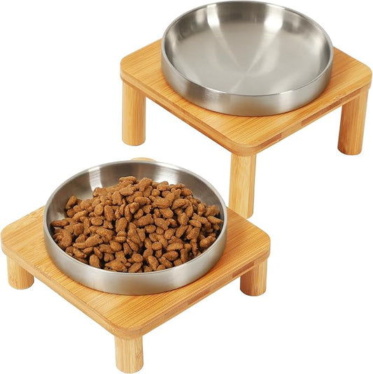Elevated Cat Bowls for Indoor Cats – Raised Bamboo Cat Bowl Stand with 5.5 Inch Wide Stainless Steel Dishes, Pet Food Table Plate for Easy Feeding, Whisker Friendly(Silver,Set of 2)