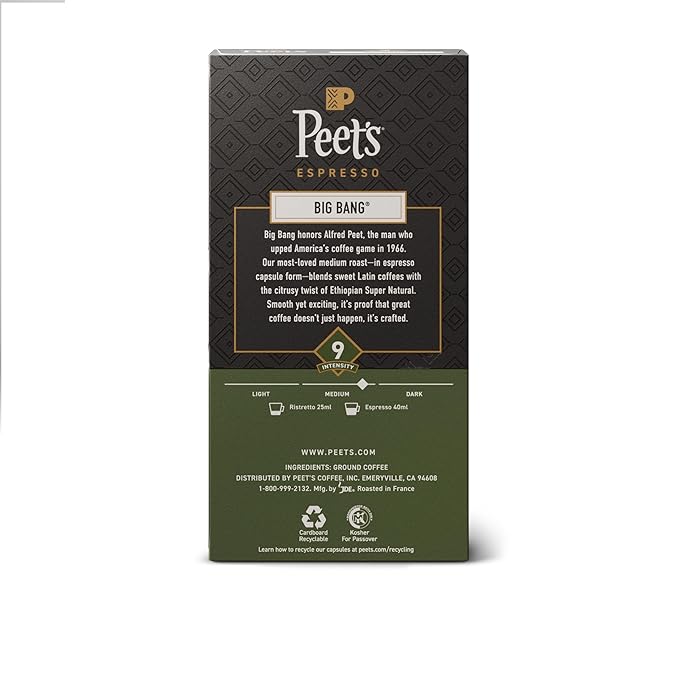 Peet's Coffee, Medium Roast Espresso Capsules, Compatible with Nespresso Original Machines, 100% Arabica Coffee - Big Bang, Intensity 9, 100 Count (10 Boxes of 10 Espresso Capsules)