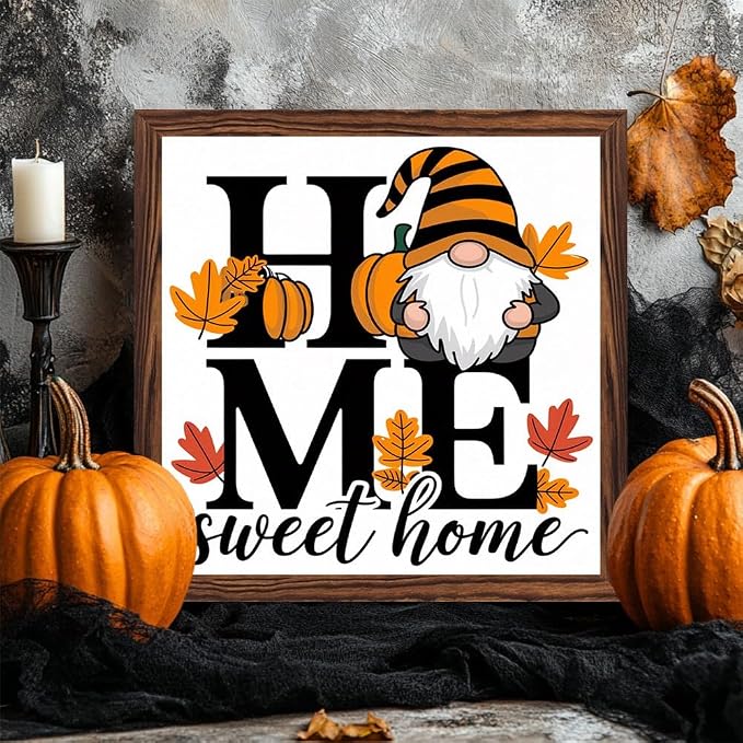 Rustic Home Sweet Home Wooden Sign, With Frame Farmhouse Fall Gnome Plaque Sign for Home Kitchen, Cafe, Bar, Garage Halloween Decor, Harvest Festival Decor 7.87x7.87 Inch - Image 2