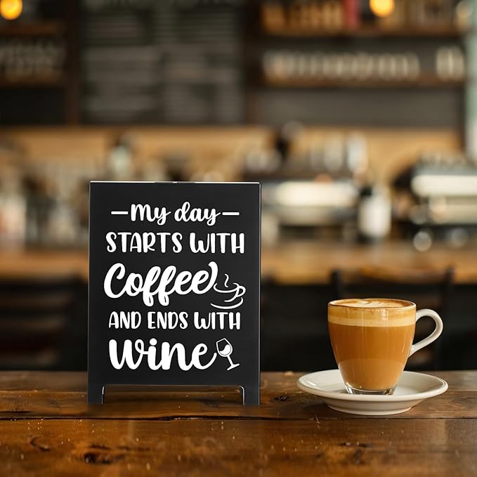 My Day Starts With Coffee Ends With Wine Desk Decor Sign Retro Coffees Shop Table Display for Home Office Kitchen Bar Cafe Counter Bookshelf Christmas Gift for Coffees Lovers Barista Friends