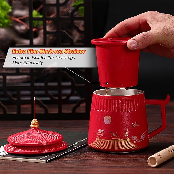 Tea Cup with Infuser and Lid,Loose Leaf Tea Steeper Cup 14.8oz Ceramic tea Infuser Mug Travel Large Steeping Cup Diffusers Mugs with Fine Strainer and Handle