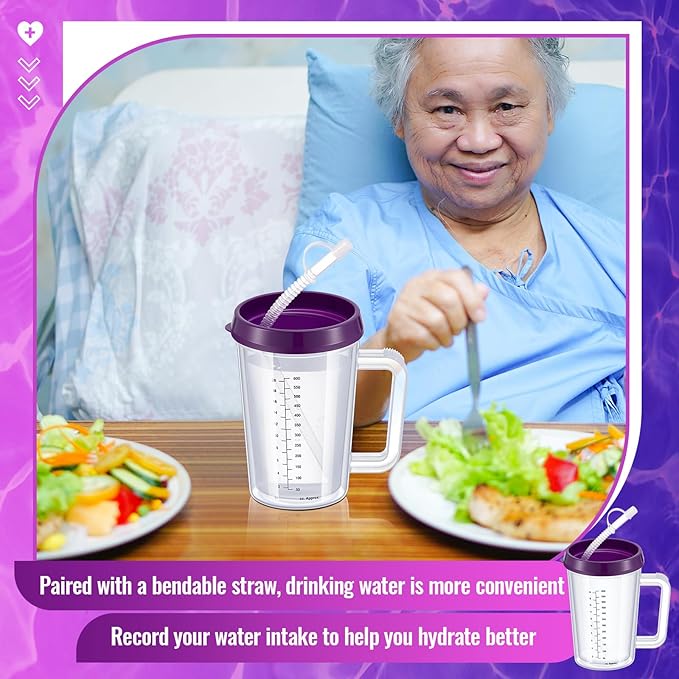 4 Pcs 20 oz Hospital Water Cup with Straw and Lid Insulated Double Walled Elderly Water Bottle Hospital Carafe Mug with Handle Graduated Plastic Drinking Sippy Cup for Adult(Purple)